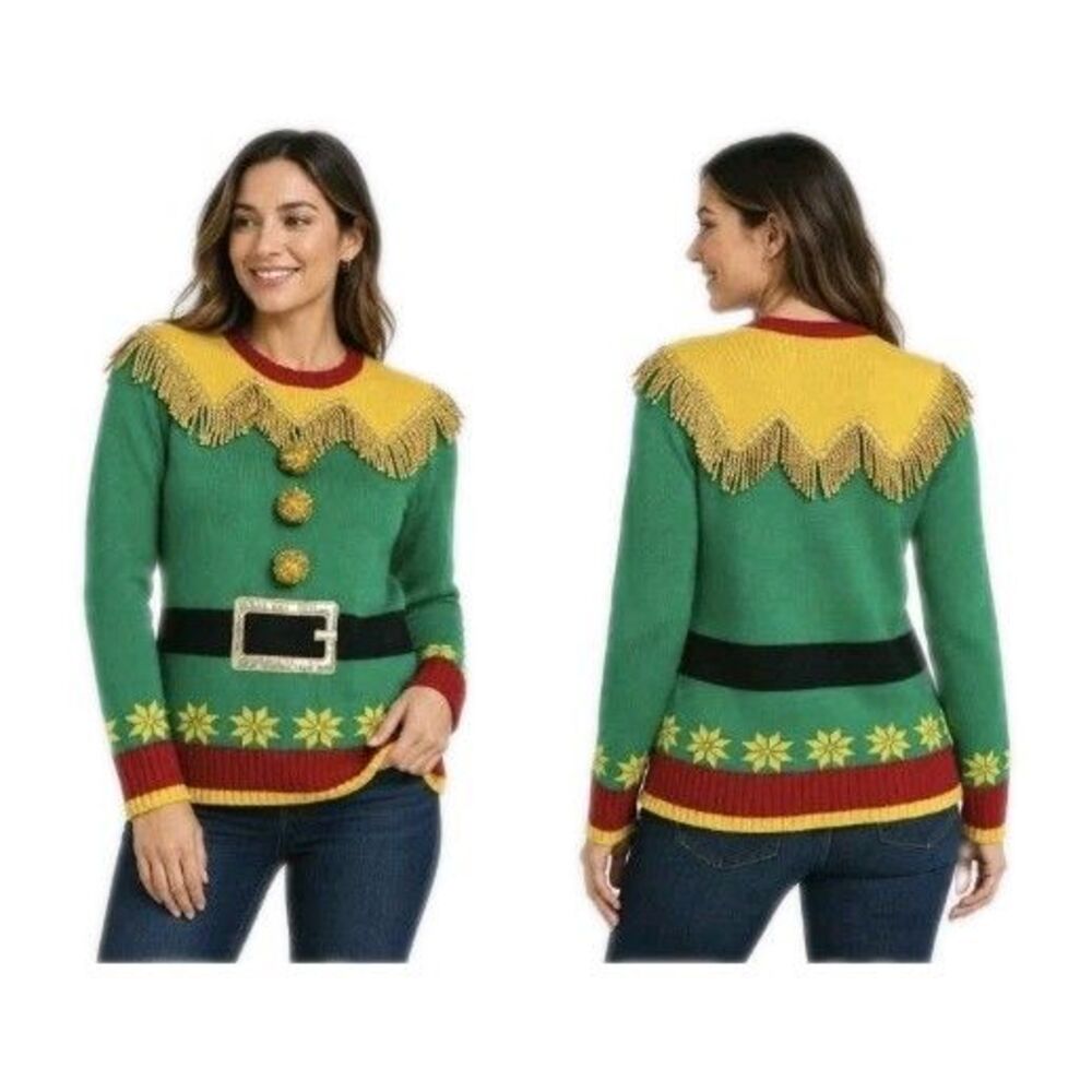 Blizzard Bay Festive Elf Ugly Christmas Sweater Green Yellow Red Fringe Womens M